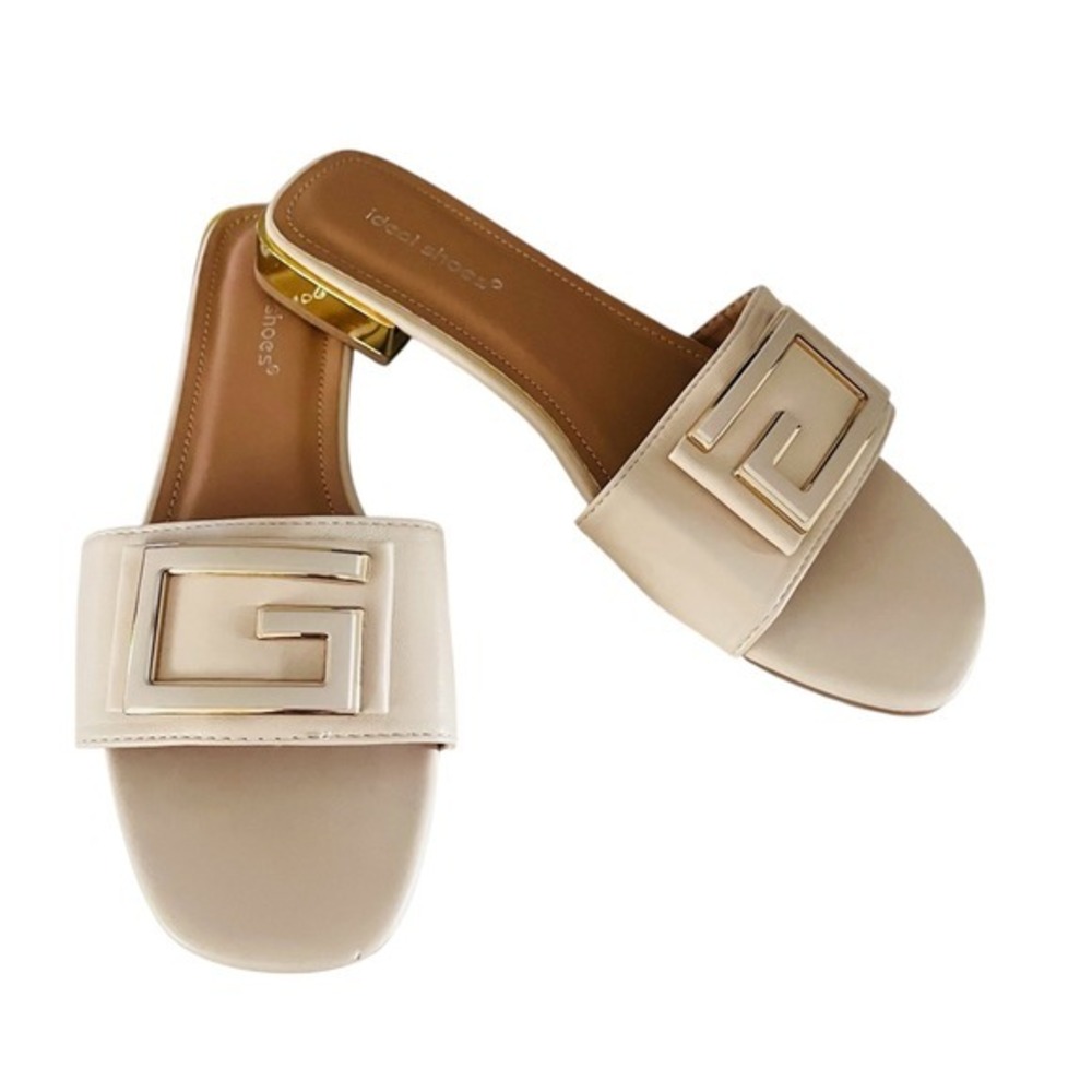 Ideal Shoes Block Heel Slide Sandals Square Toe, Gold‎ Accent Size 7.5/38